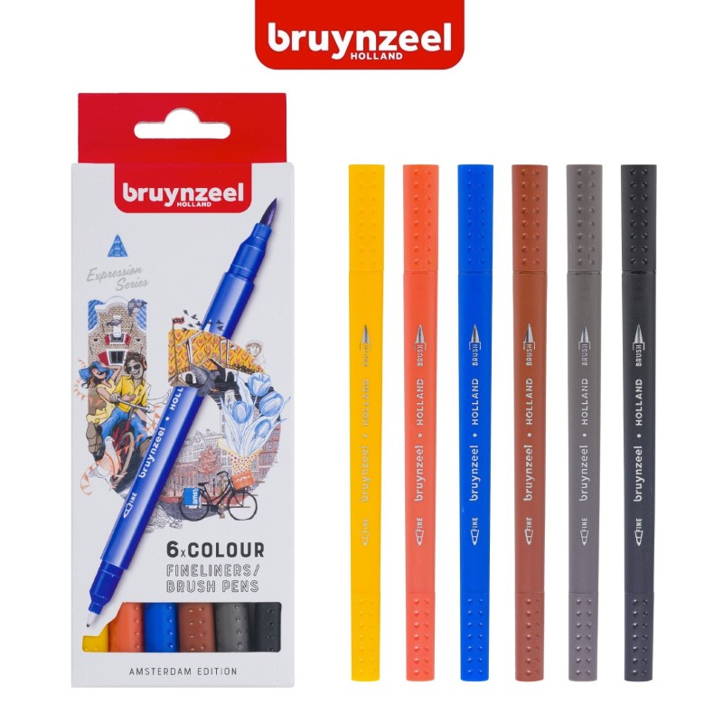Bruynzeel Fineliners Brush Pen - Set “Amsterdam” 6 pennarelli a doppia punta  in colori assortiti