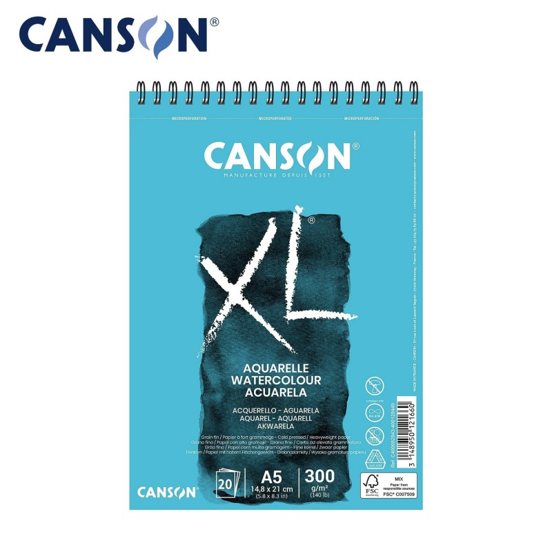 Canson XL Aquarelle - Blocco di Carta per Acquerello 20 fogli da 300 gr. a  grana fine Formato A5