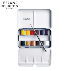 Lefranc&Bourgeois Acquerello Fine - Scatola in metallo pocket con 12 mezzi godet e pennello tascabile